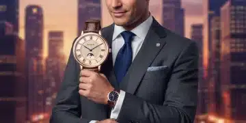 Hombre elegante con reloj de pulsera analógico en un entorno urbano moderno.