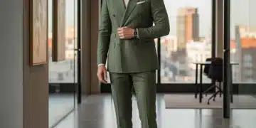 Hombre elegante con traje moderno en oficina de España, tendencias 2026