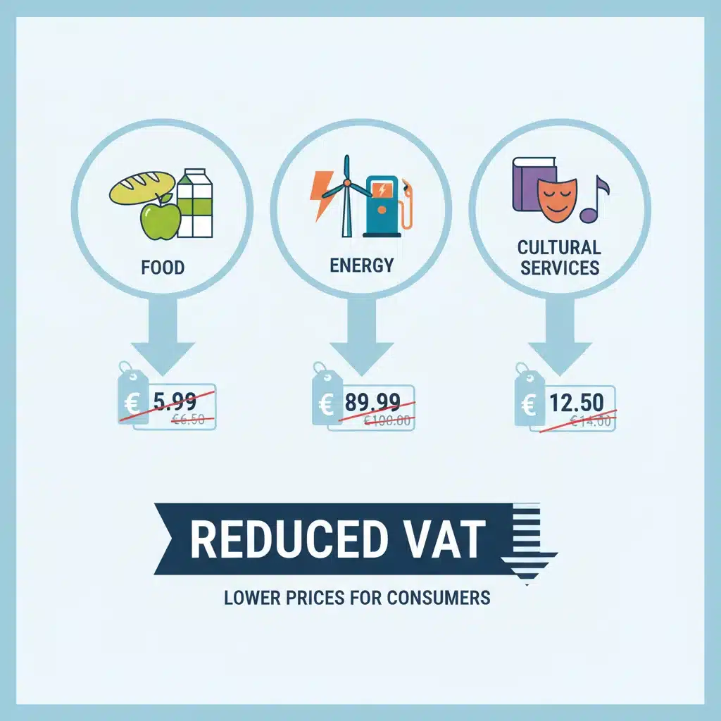 Infografía de productos y servicios con IVA reducido, mostrando el impacto en los precios.