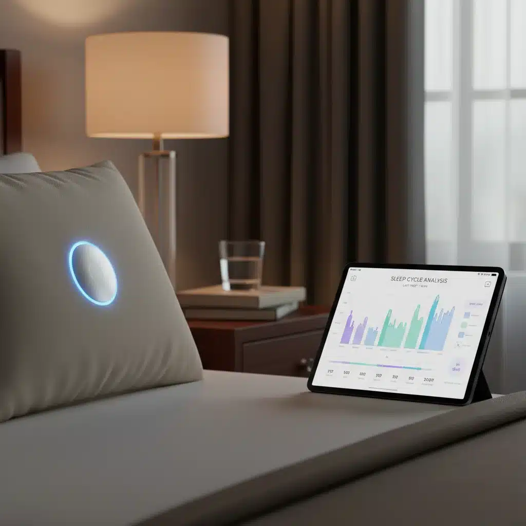 Monitor de sueño inteligente mostrando fases de sueño profundo en una tablet junto a una cama.