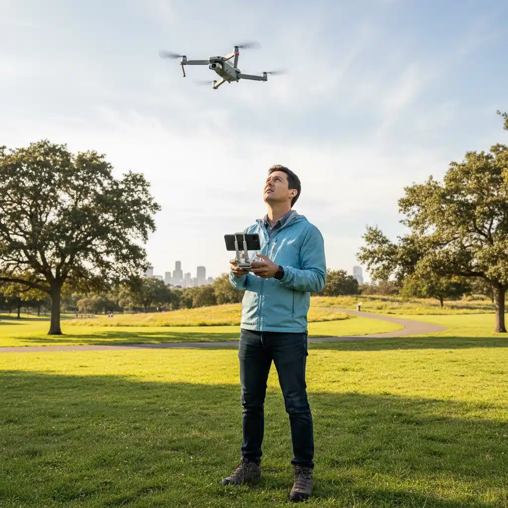 Persona manejando un dron con control remoto en un parque