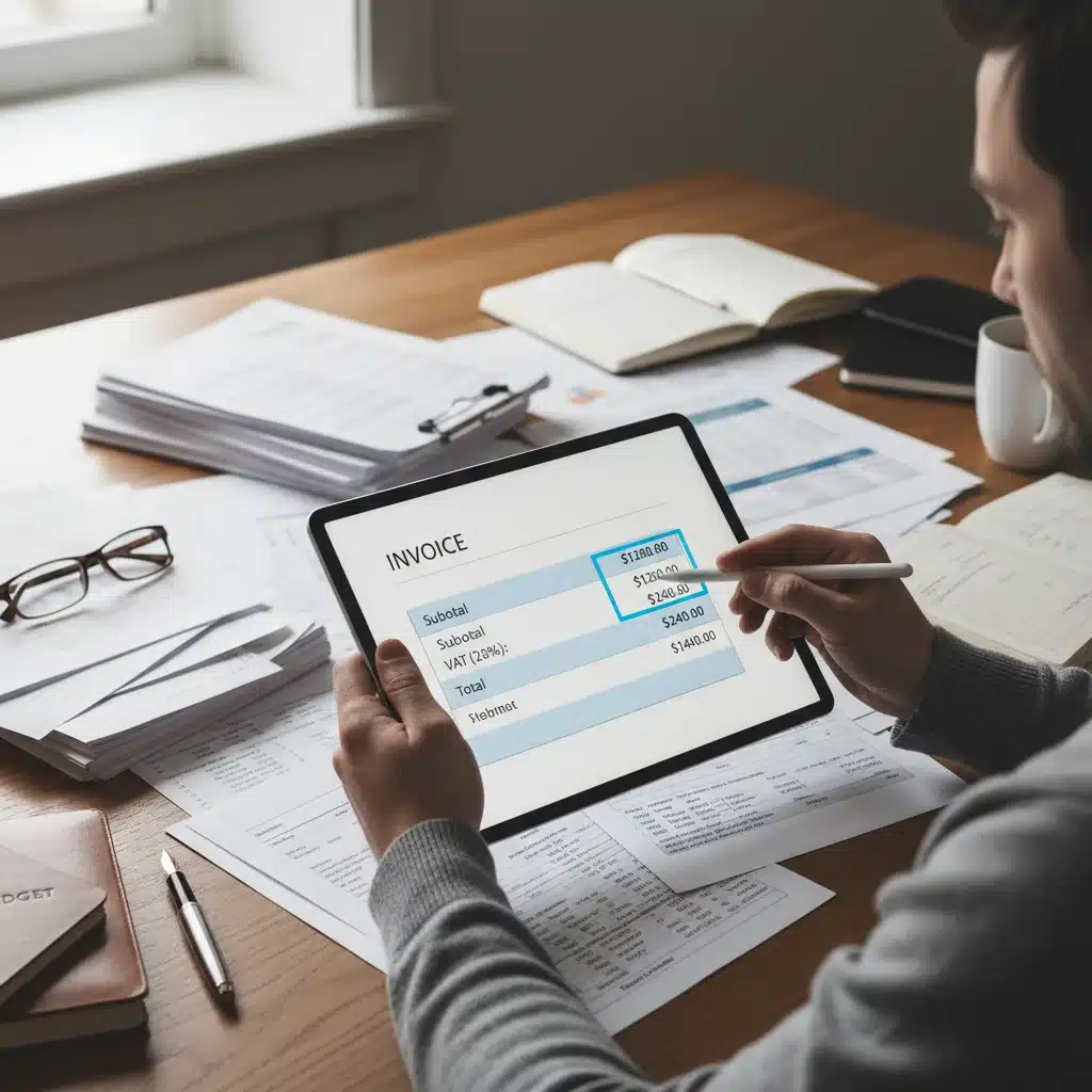 Persona revisando factura digital con desglose de IVA, planificando ahorros fiscales.