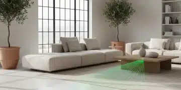 Robot aspirador con mapeo láser limpiando un salón moderno
