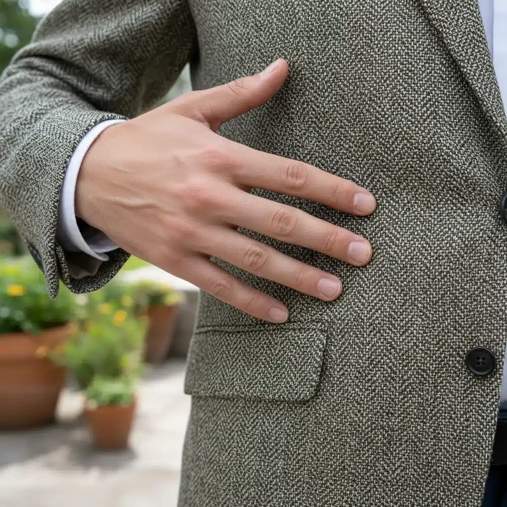 Detalle de tejido sostenible en traje de hombre, innovación moda ejecutiva