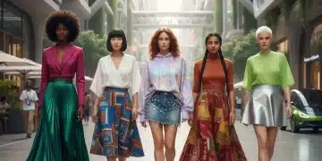 Women showcasing diverse 2026 skirt styles: midi, maxi, mini, A-line, in an urban fashion scene.