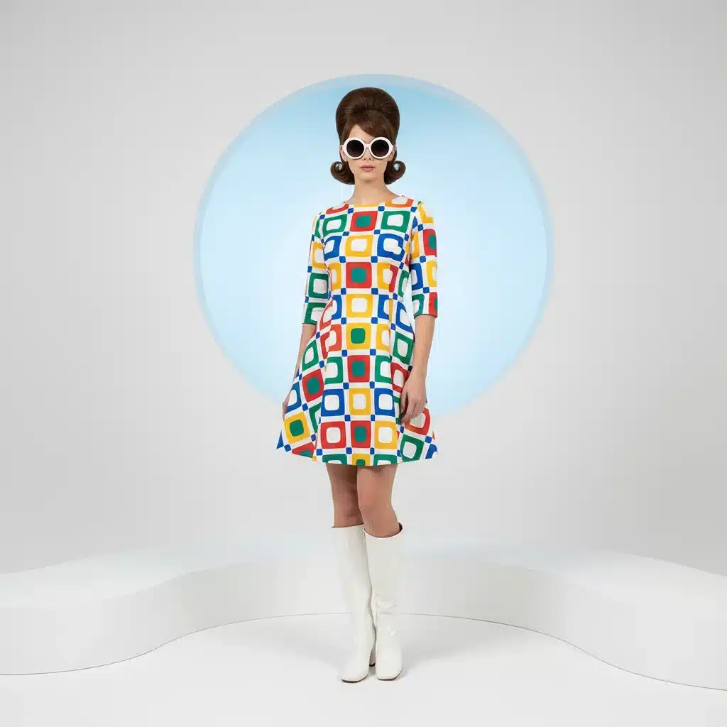 Model in a 60s Mod style mini-dress with go-go boots, representing vintage fashion trends.