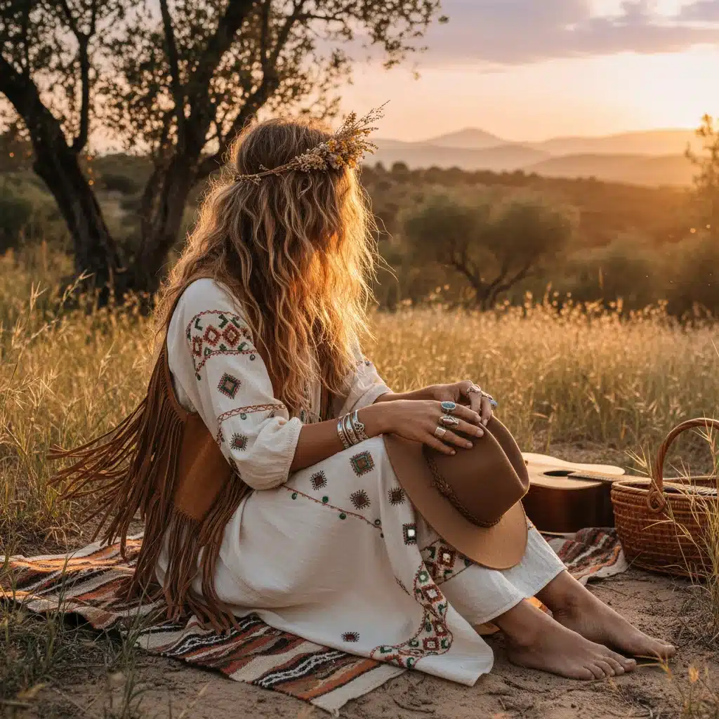 Woman in 70s Boho Chic outfit, with a flowing maxi dress and fringed vest, embracing vintage style.