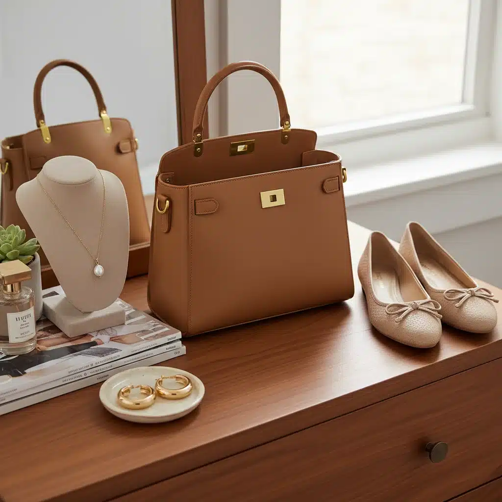 Accesorios versátiles y atemporales: bolso de cuero, joyas discretas y zapatos planos.