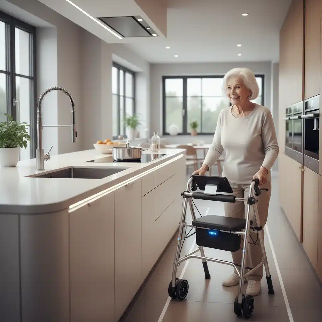 Elderly woman in a smart, accessible kitchen with automated appliances.