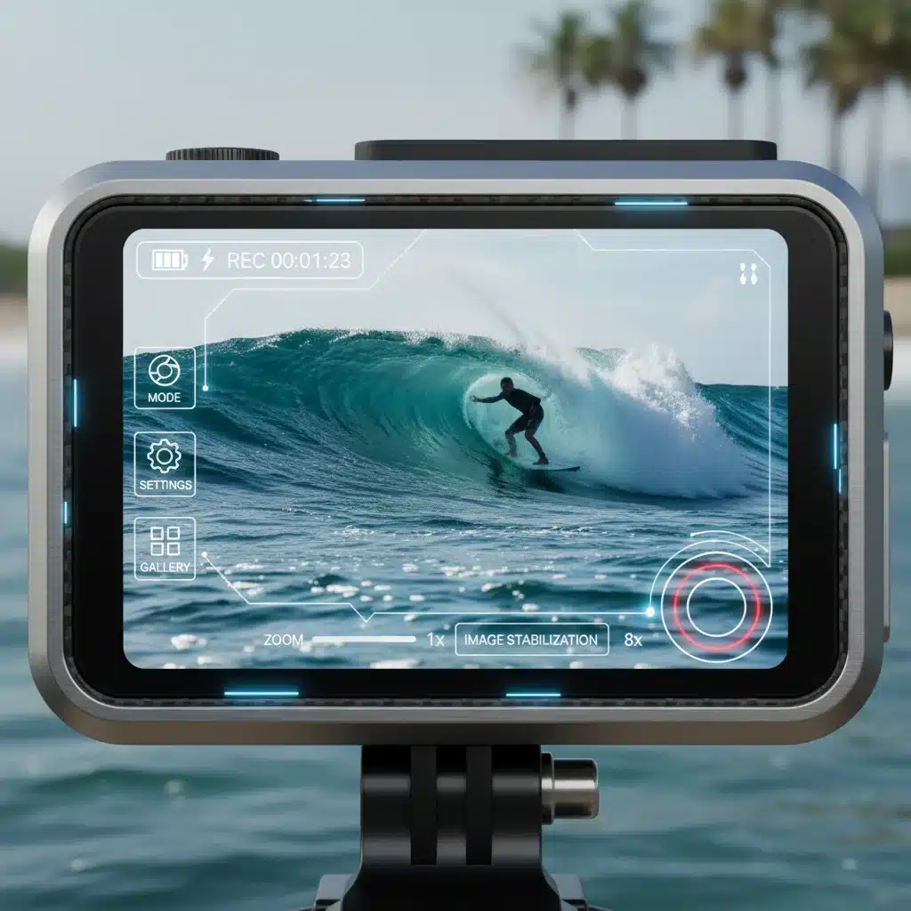 Close-up of action camera user interface showing 8K surfing footage.