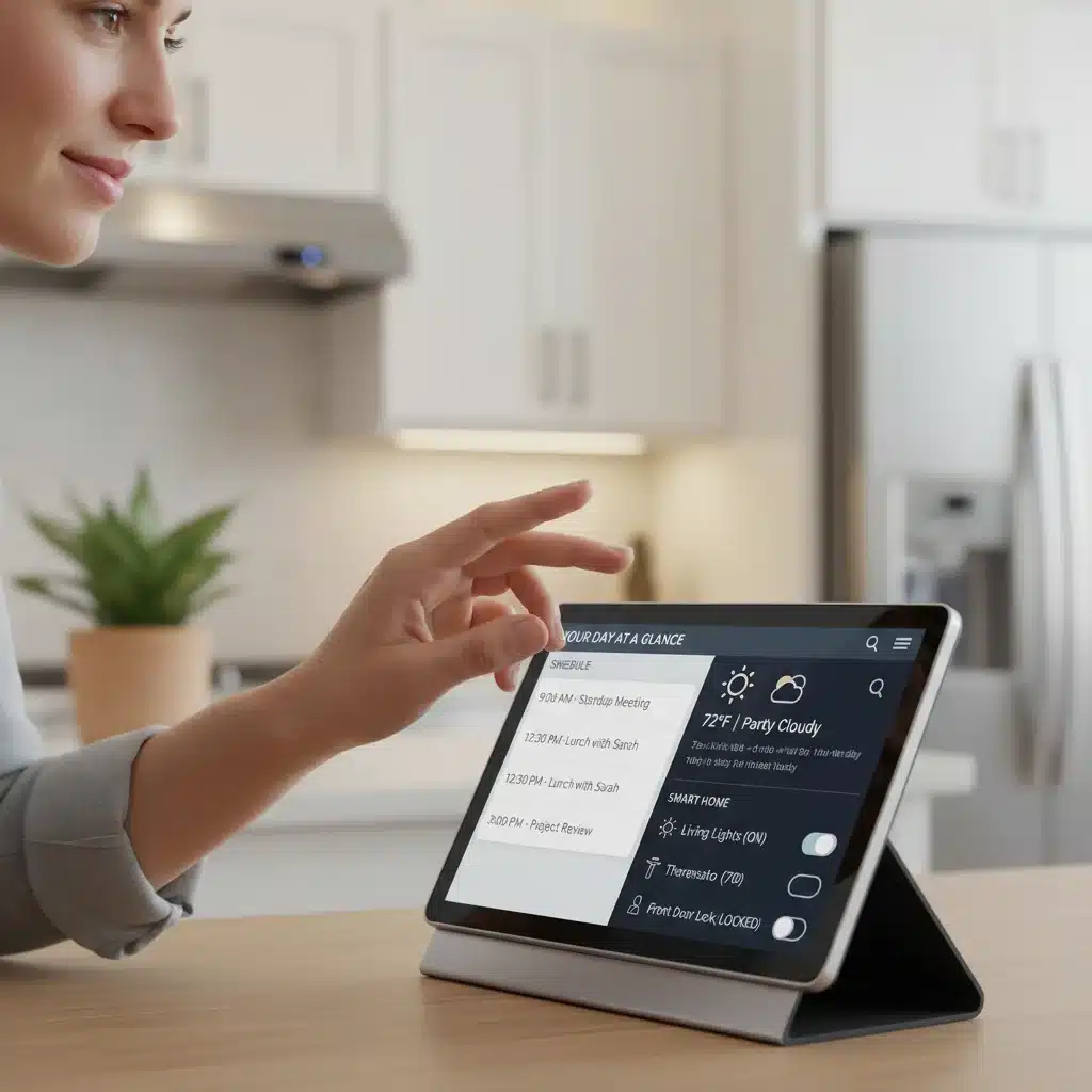 User interacting with an AI smart display showing daily schedule and smart home controls.