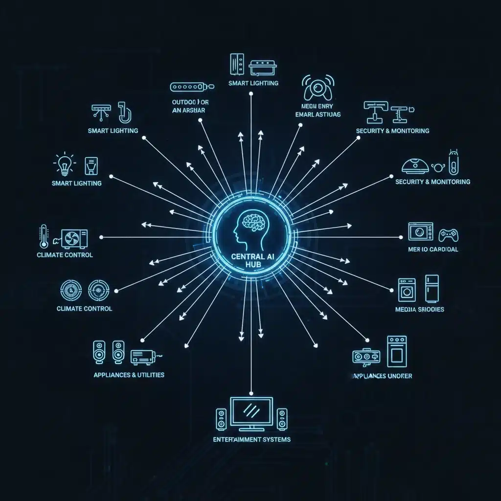 Diagram showing AI assistant seamlessly integrating and controlling various smart home devices.