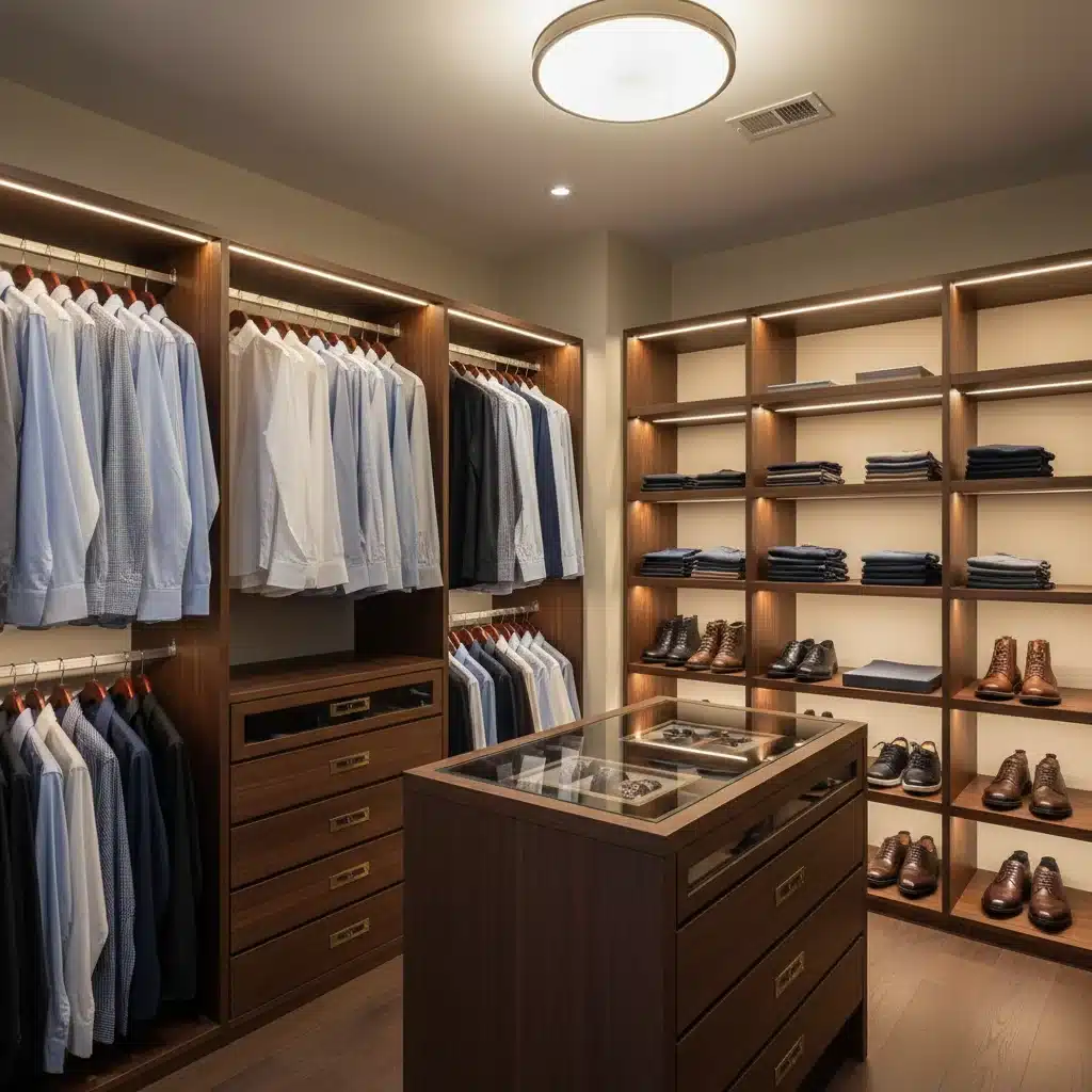 Interior de armario organizado con camisas colgadas, pantalones doblados y zapatos en estantes