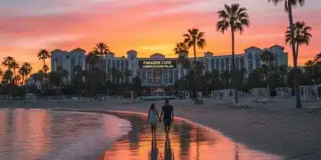 Pareja disfrutando de un atardecer en una playa española, símbolo de ofertas de viajes nacionales