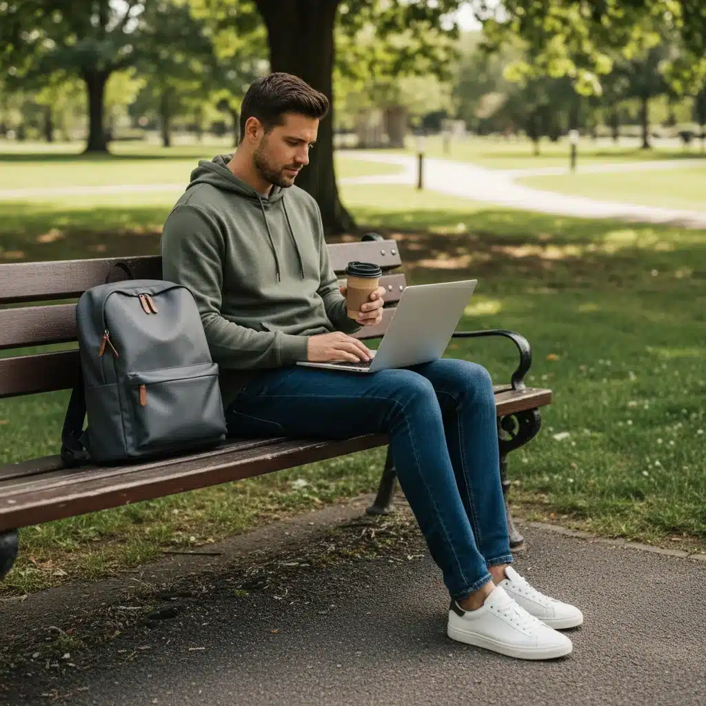 Man in olive green athleisure hoodie and stretch jeans sitting on park bench with laptop