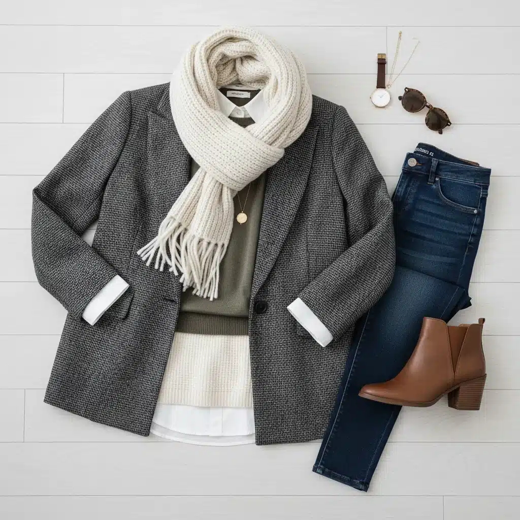 Flat lay of a balanced and stylish winter layered outfit combination