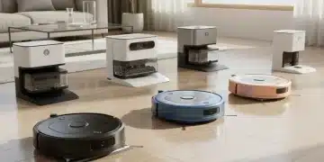 Six diverse robot vacuums showcasing various designs and smart features in a contemporary home setting.