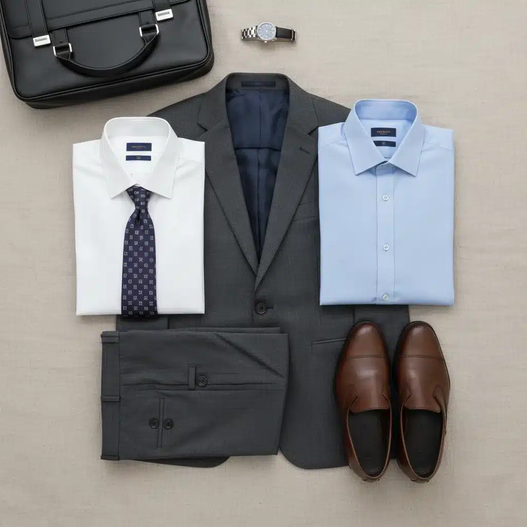 Business travel capsule wardrobe flat lay with suit, shirts, and accessories.