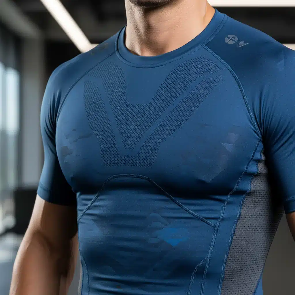 Detalle de camiseta de compresión de alto rendimiento para hombre, con tejido técnico avanzado.
