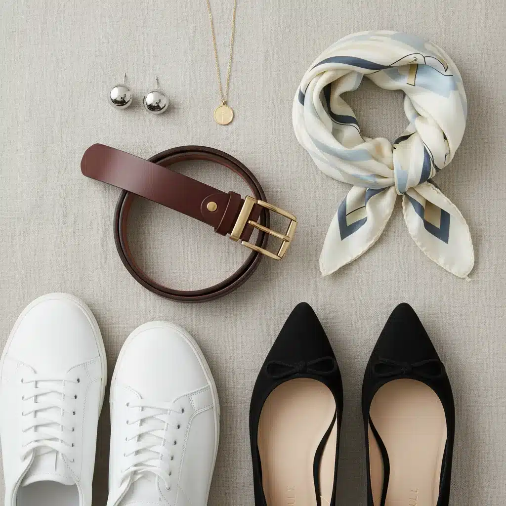 Essential accessories for a versatile capsule wardrobe, including a belt, scarf, and jewelry.