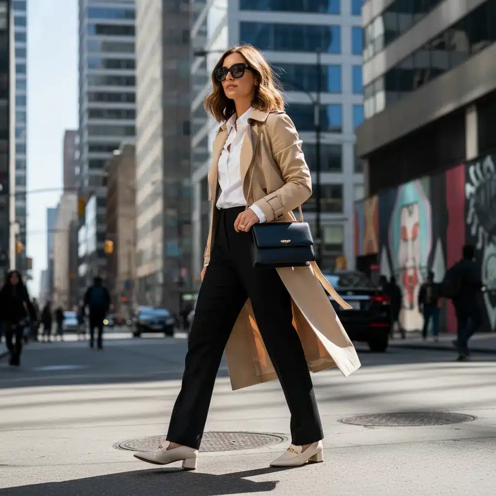 Woman in a versatile capsule wardrobe outfit, featuring a trench coat and black trousers.