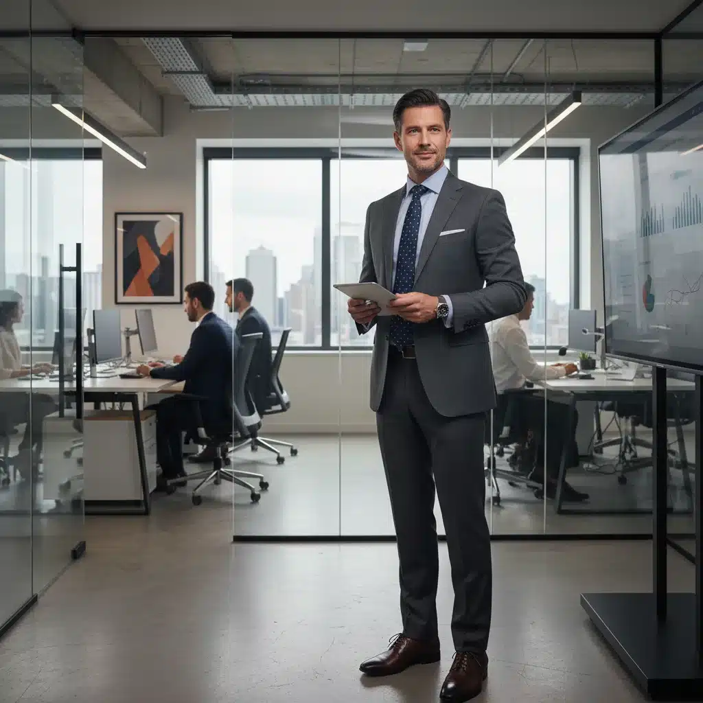 Professional man in a modern charcoal suit, showcasing a career-focused style transformation.