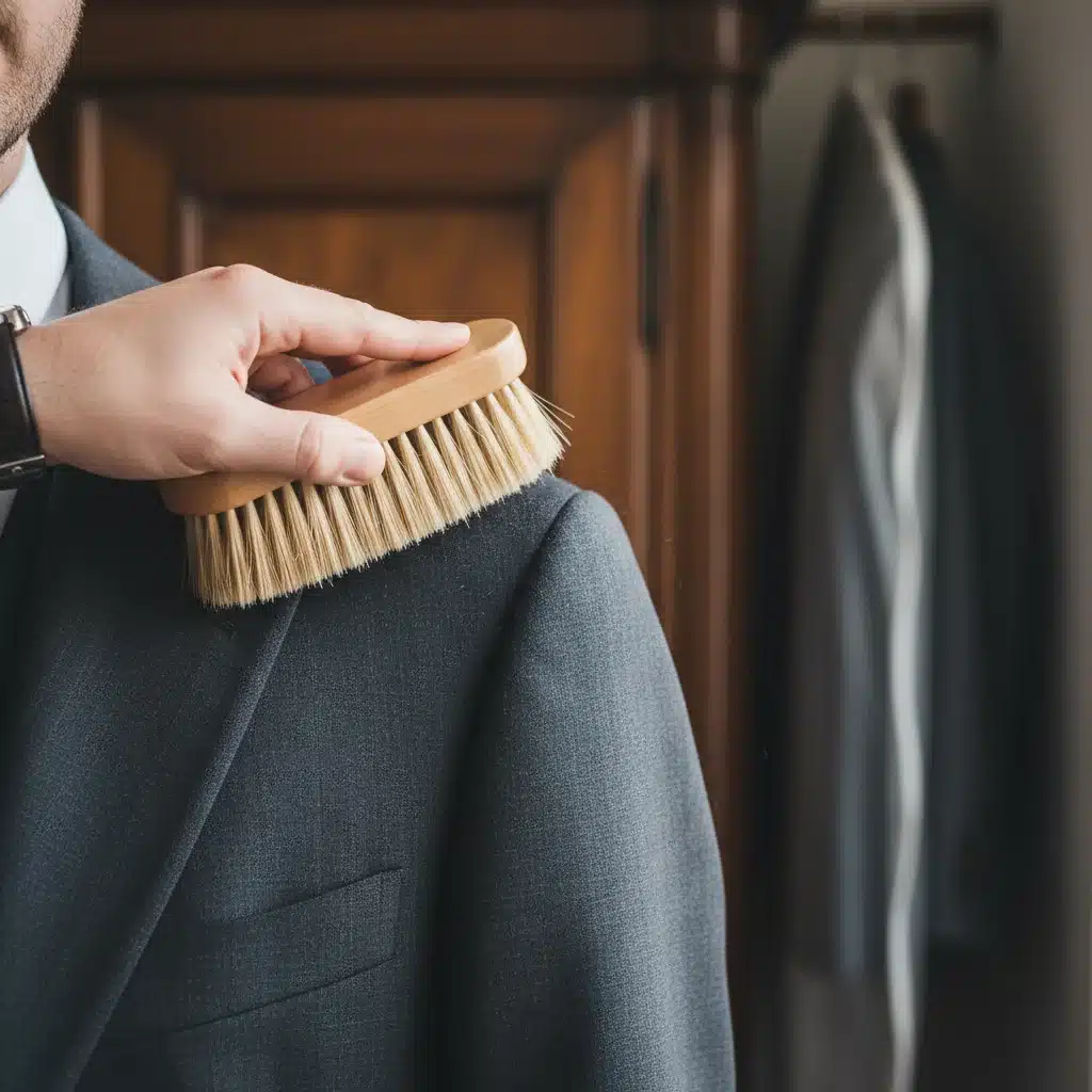 Mano cepillando suavemente una chaqueta de traje con un cepillo para ropa