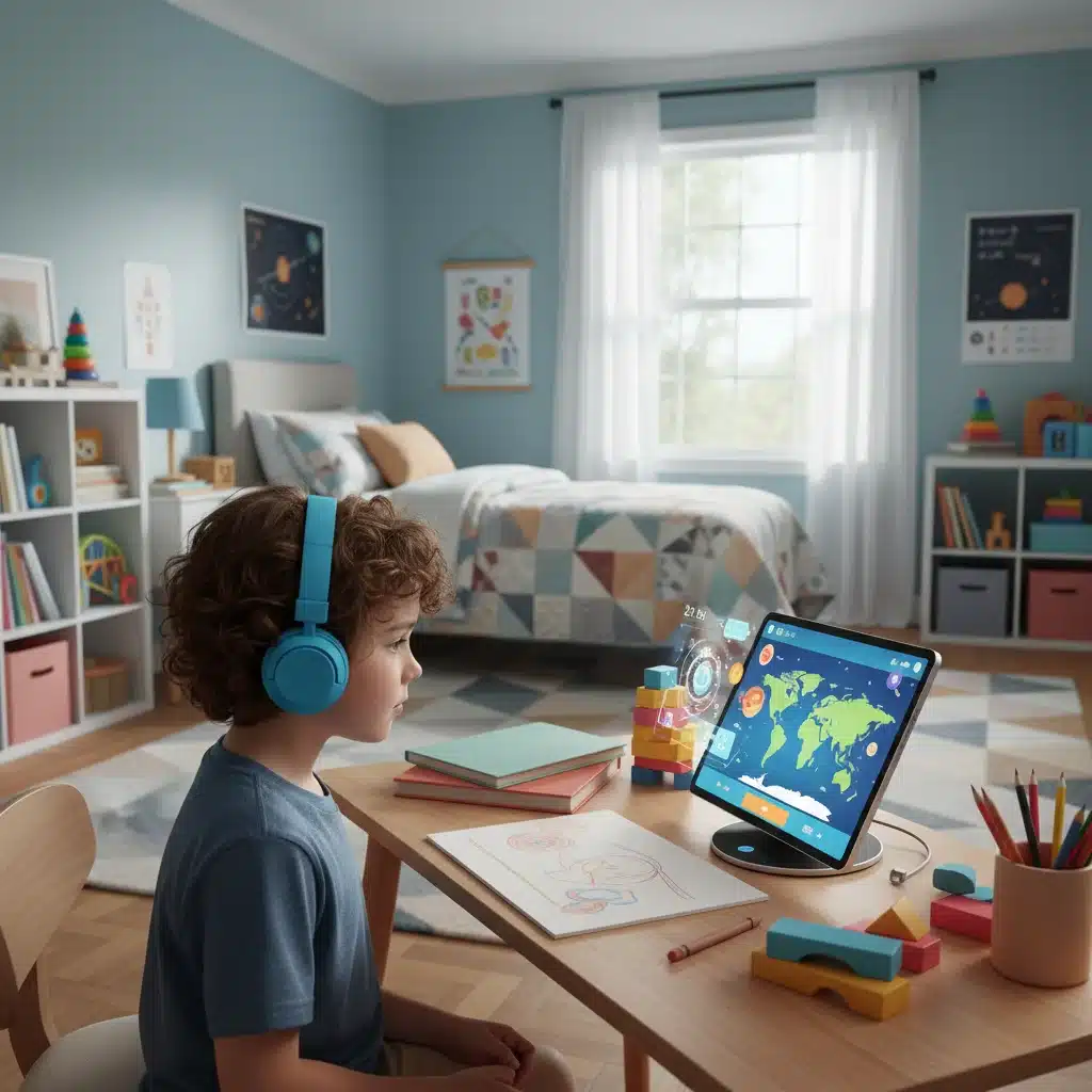 Child using a smart display for educational content.