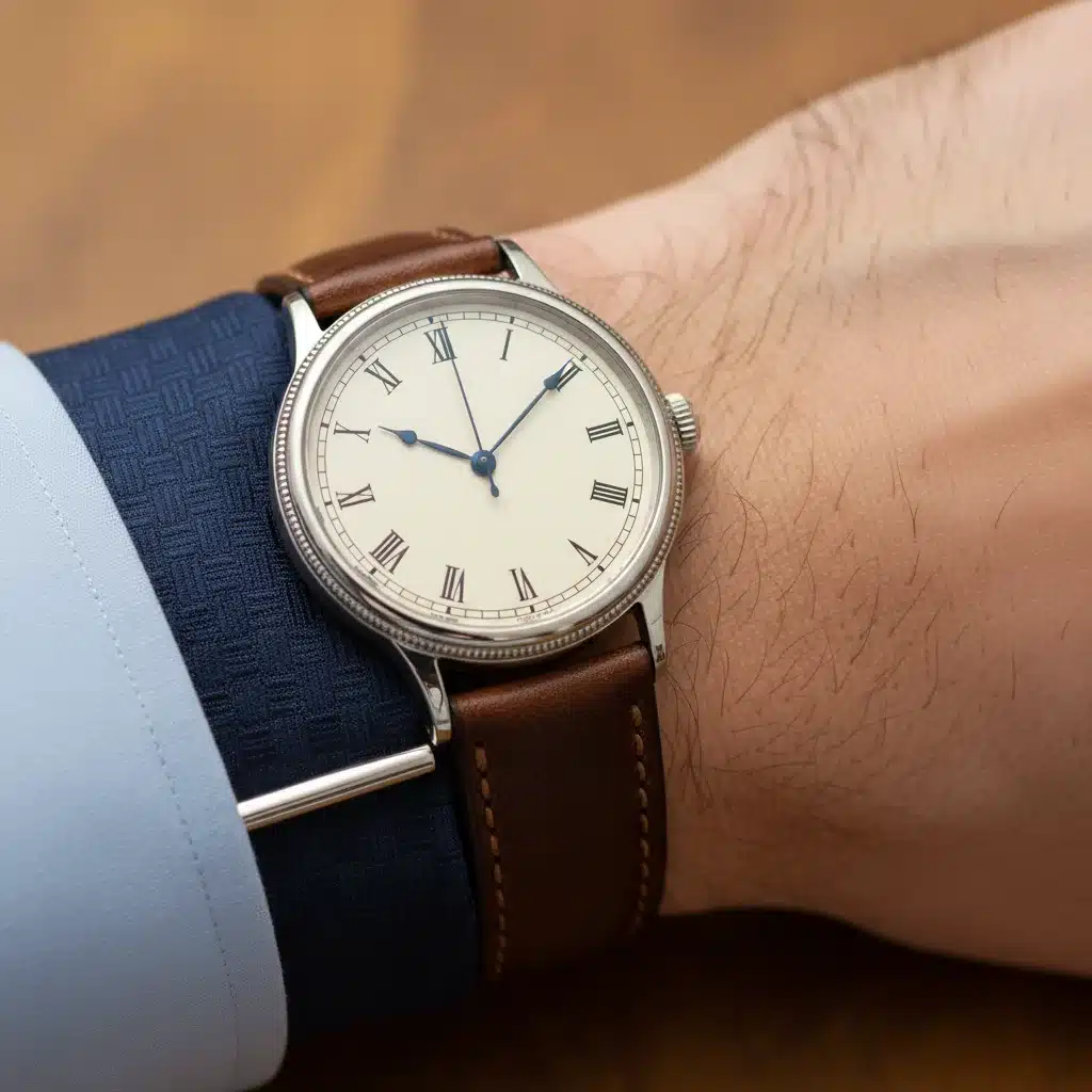 Detailed view of a classic leather watch and sophisticated tie bar