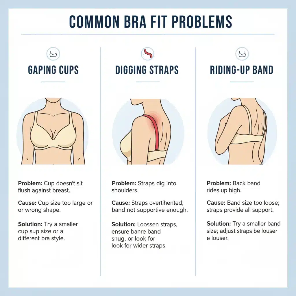 Infographic showing common bra fit problems and solutions.