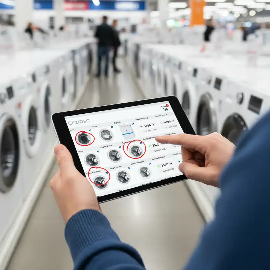 Persona investigando y comparando precios de lavadoras en una tablet para aprovechar las rebajas inteligentemente.