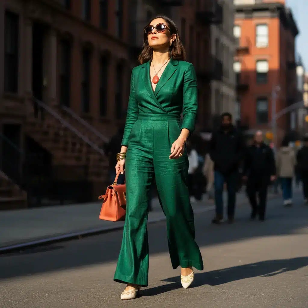 Mujer luciendo un conjunto de moda en un color tendencia que realza su figura.