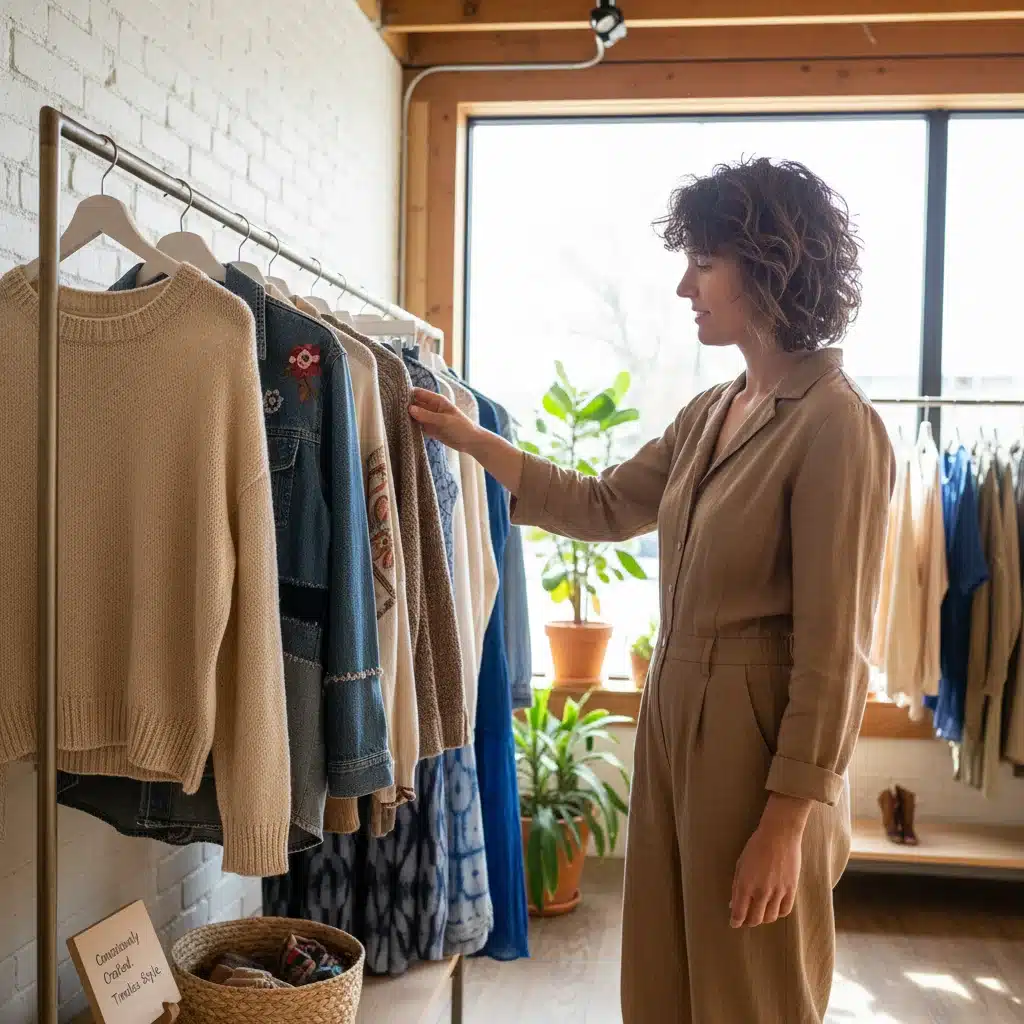 Conscious shopper selecting sustainable clothing items for budget-friendly style