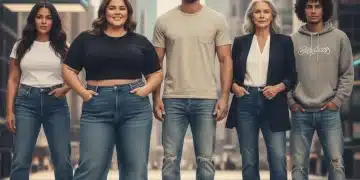 Diverse individuals showcasing various denim fits and styles in a modern U.S. setting.