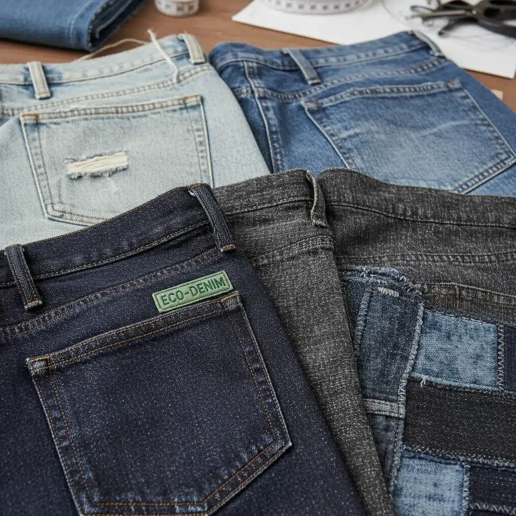 Close-up of assorted denim fabric swatches showing different washes and textures.
