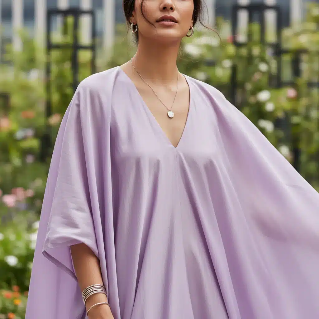Elegant woman in flowing digital lavender dress, showcasing Spring Summer 2026 trend