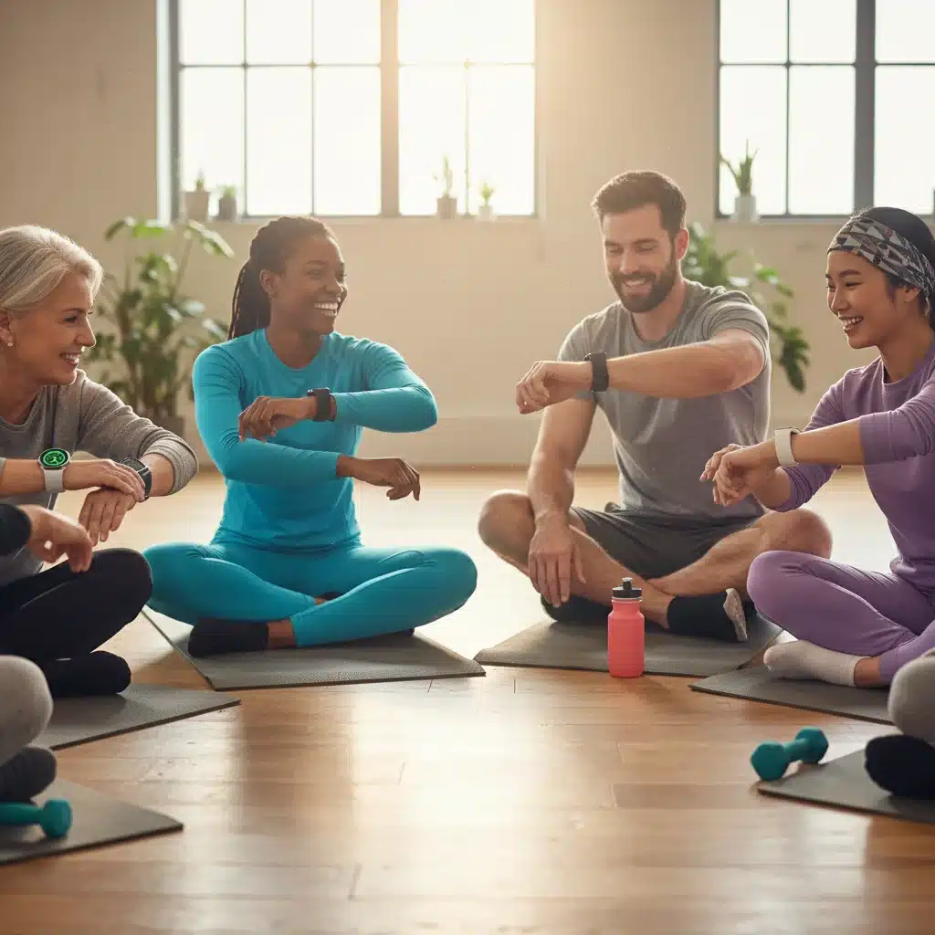 Diverse group of people wearing various smartwatches, stretching and smiling after a fitness class, symbolizing community and versatile health tracking.