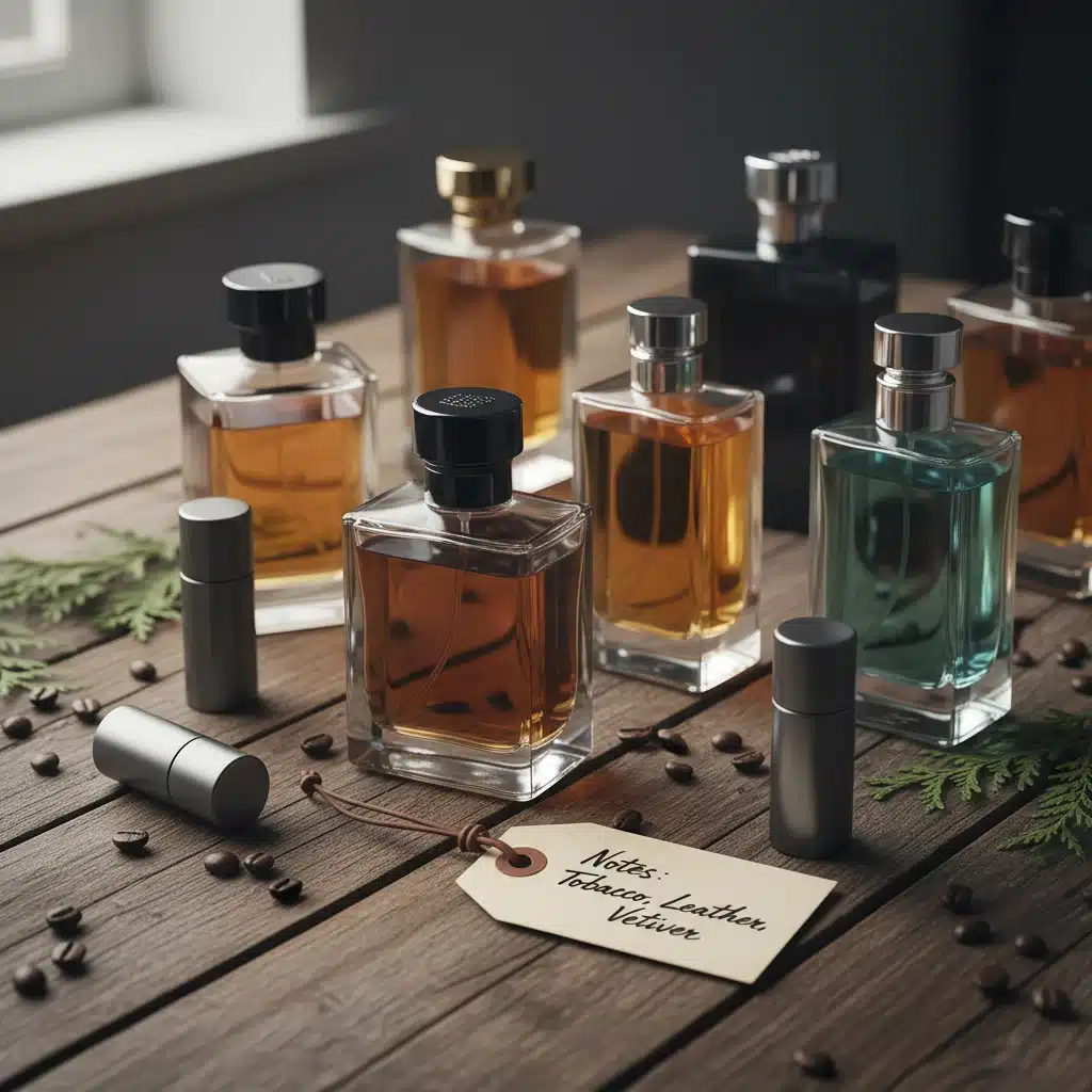 Diverse collection of men's fragrance bottles on a wooden table