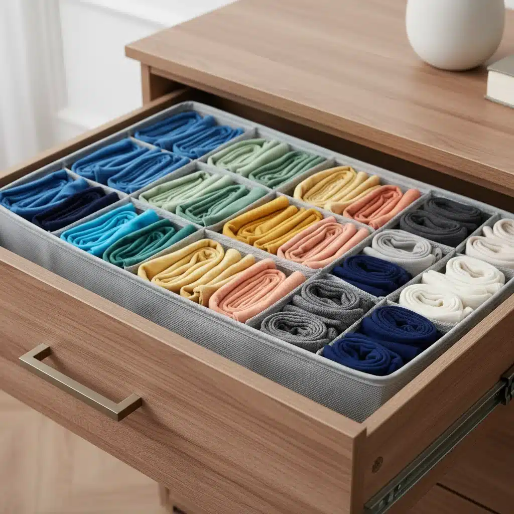 Drawer organizer with neatly folded t-shirts and socks.