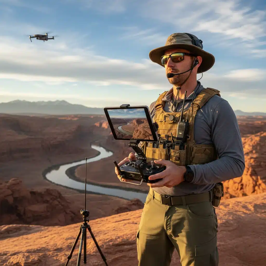 Drone pilot operating remote controller with live feed
