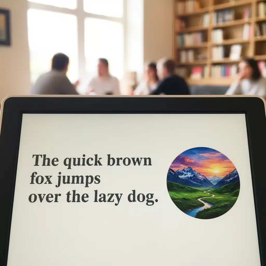 Close-up of an e-reader screen showcasing sharp text and detailed graphics, emphasizing e-ink clarity.