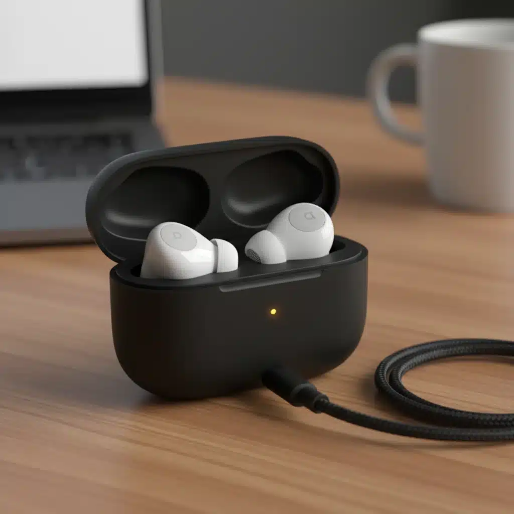 Open wireless earbud charging case with earbuds inside, connected to a USB-C cable, showing charging status.
