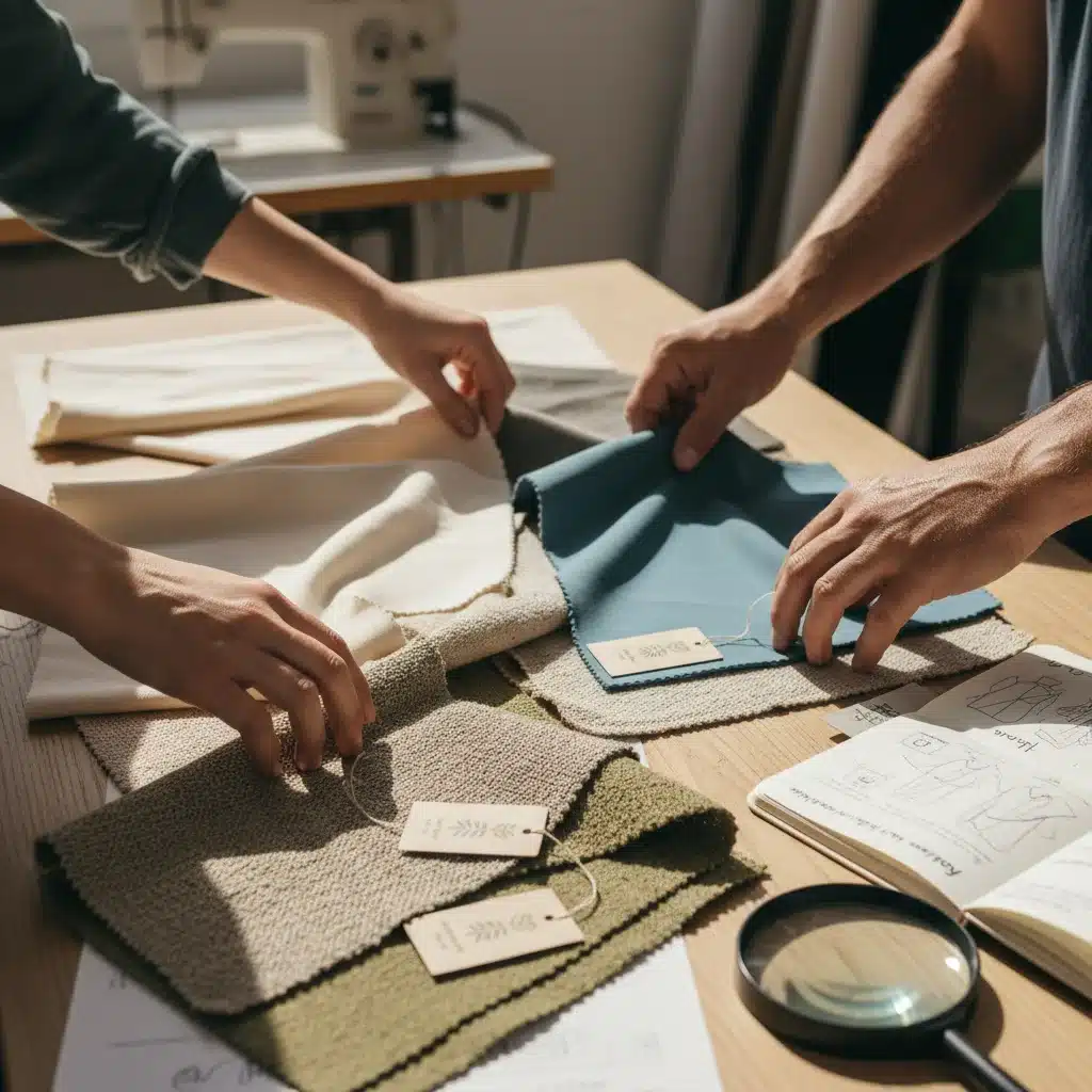 Eco-friendly fabric swatches, organic cotton, hemp, recycled polyester.