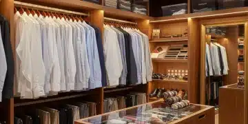 Efficiently organized men's closet with neatly arranged clothes and accessories.