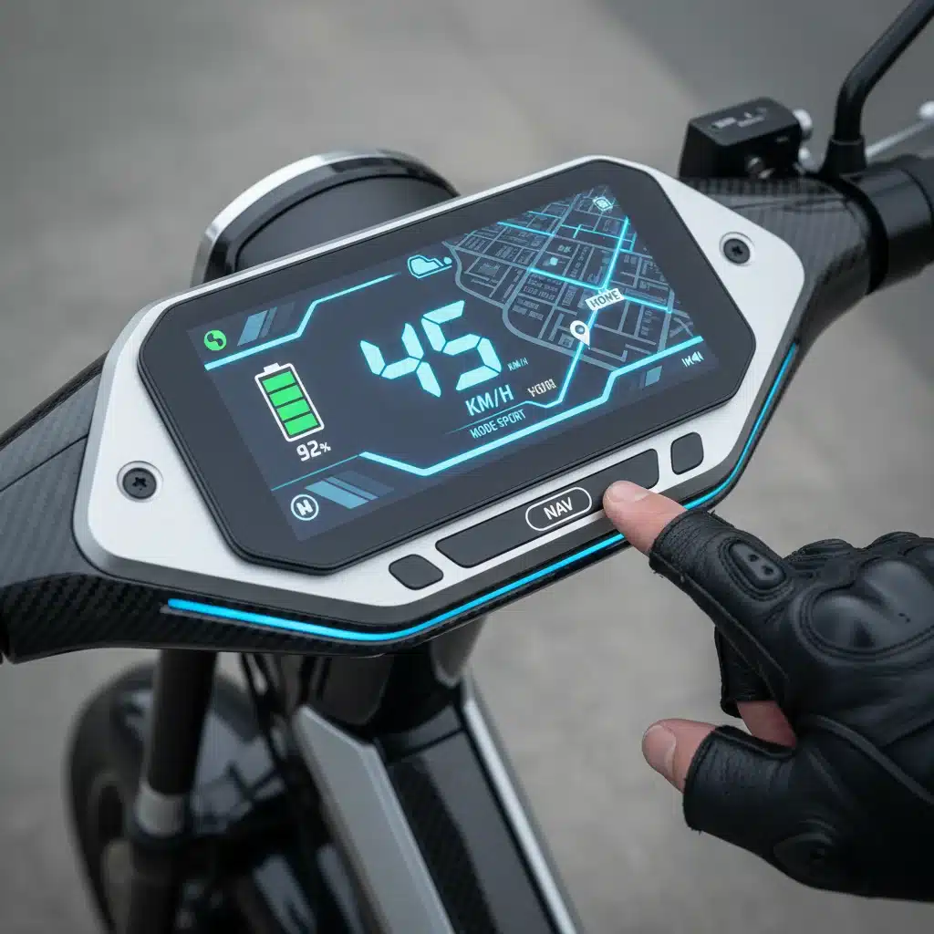 Close-up of an electric scooter's smart dashboard with navigation and battery display.