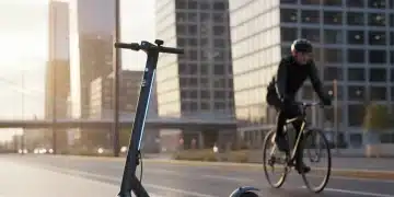 Futuristic electric scooter on urban street at dawn, ready for commute.