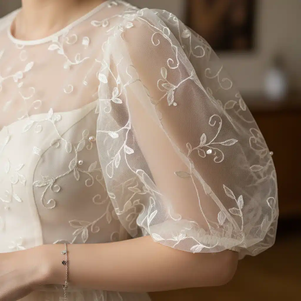 Elegant puffed sleeve with sheer fabric and subtle embroidery on a sophisticated top