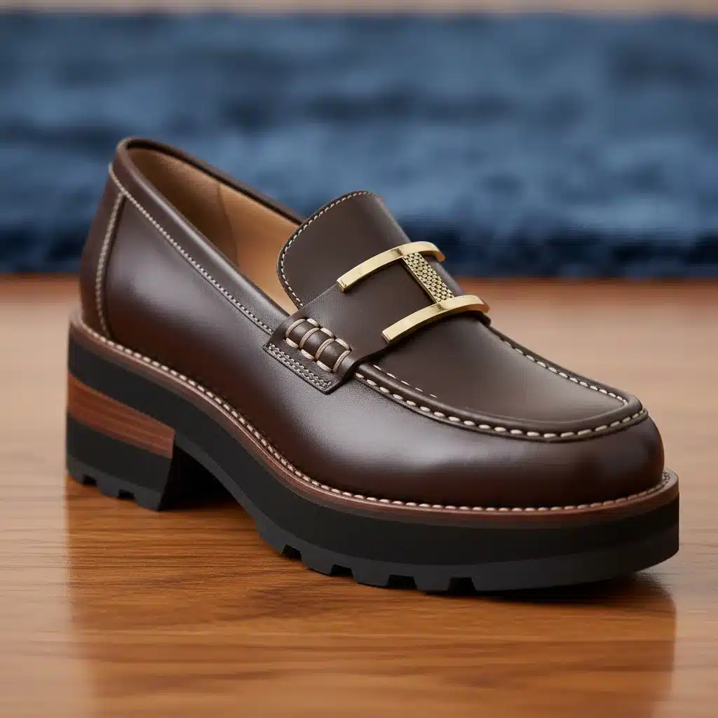 Elegant elevated leather loafer with chunky sole and metallic detail