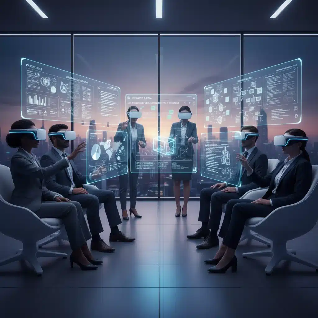 Professionals collaborating in a virtual reality meeting using advanced VR headsets