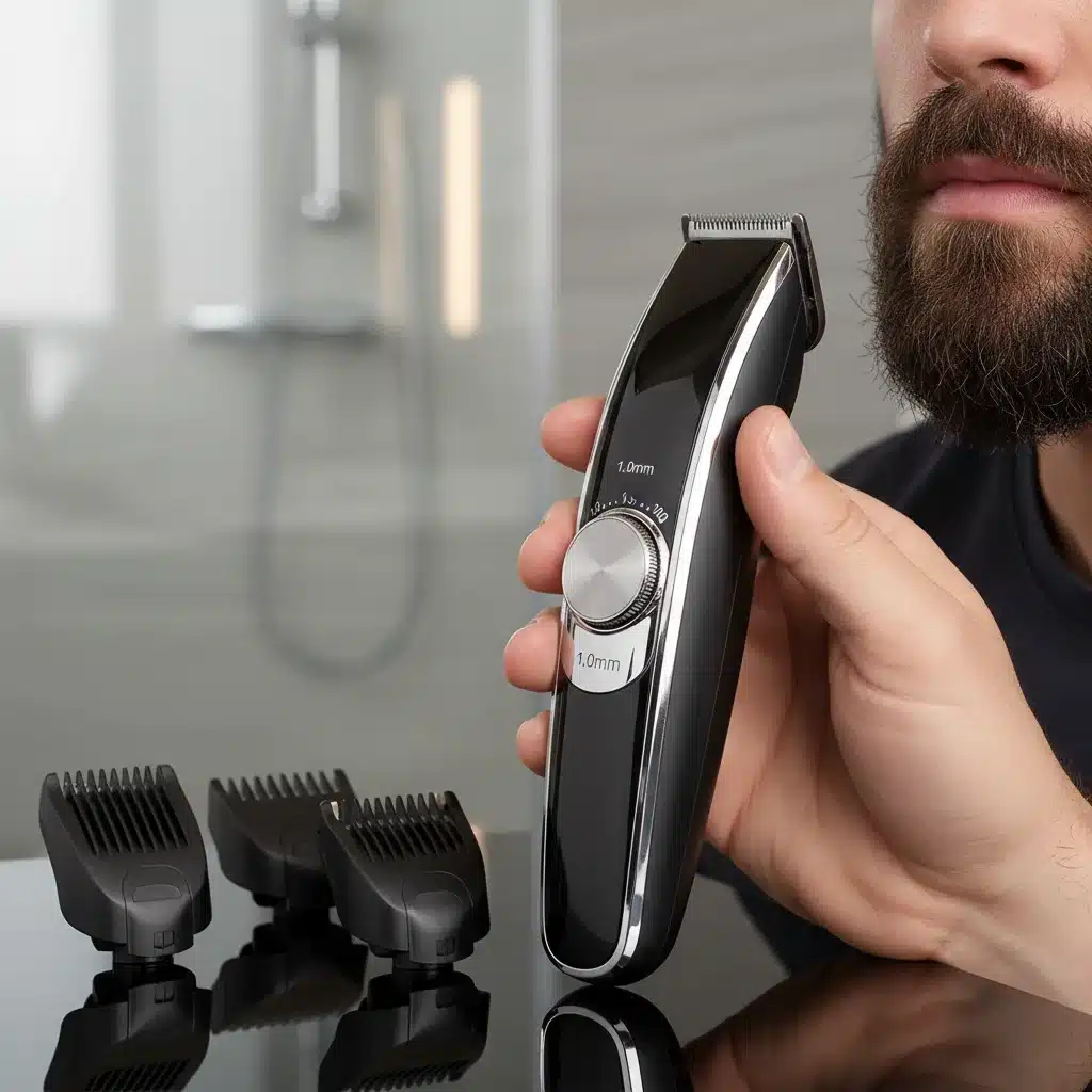 Ergonomic beard and body trimmer with interchangeable heads for versatile styling.